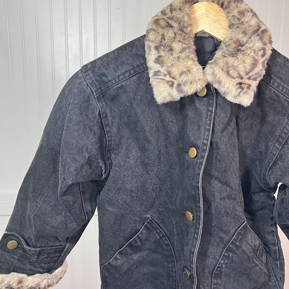 Vtg 90s Denim Jacket Girls Glam Black Faux Leopard Fur KC Collections Size L - Picture 5 of 12